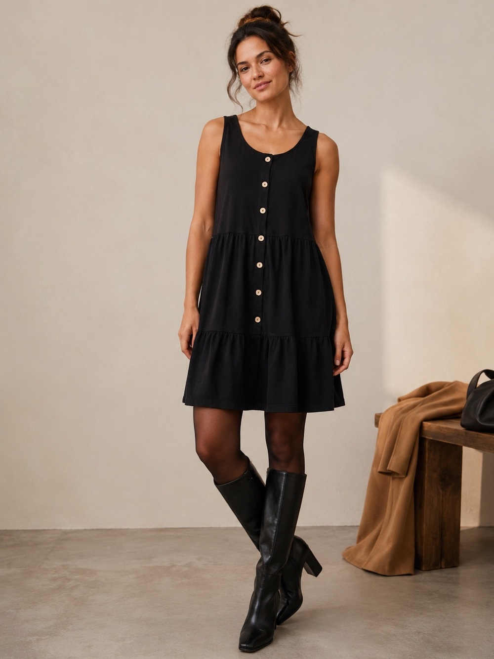 Sleeveless Black Tiered Button-Front Dress NWOT